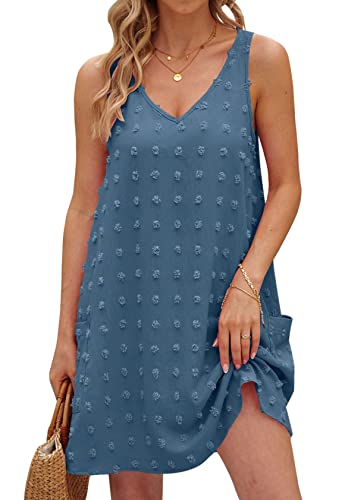 TECREW Women's Casual Sun Summer Dresses Polka Dot V Neck Loose Fit Short Dress with 2 Pockets, Blue, X-Large