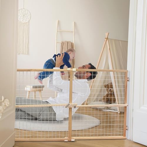Toddleroo by North States Extra Wide Wire Mesh Wooden Baby Gate: 29.5'-50' Wide. Pressure Mounted Baby Gate for Doorway. (31' Tall, Sustainable Hardwood)