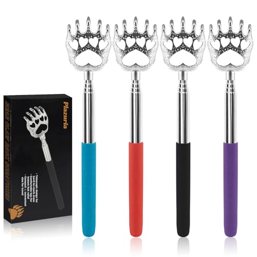 Plazuria (4-Pack) Portable Extendable Telescopic Bear Claws Metal Back Scratchers/Hand Massager/Backslap with Rubber Handles