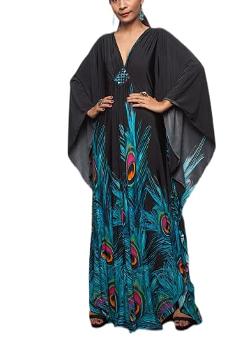 swimsuit Cover ups Women's black blue peacock Turkish caftan Silk Wrinkle Ethnic Print Plus Size kaftans Floral Print Batwing Sleeve Over Sized Caftans Lounge wear Maxi Beach Dress 8693-11