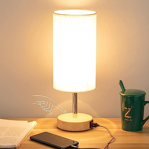 Yarra-Decor Bedside Table Lamp with USB Port - Touch Control for Bedroom Wood 3 Way Dimmable Nightstand Lamp with Round Flaxen Fabric Shade for Living Room, Dorm, Home Office (LED Bulb Included)