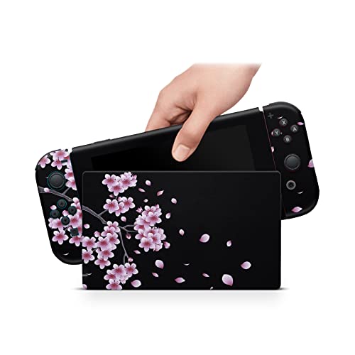 ZOOMHITSKINS Compatible with Nintendo Switch Skin Cover Cute Sakura Black Pink Night Cherry Blossom Japan Oriental Kawaii Anime Cute 3M Vinyl Decal Sticker Wrap, Made in The USA