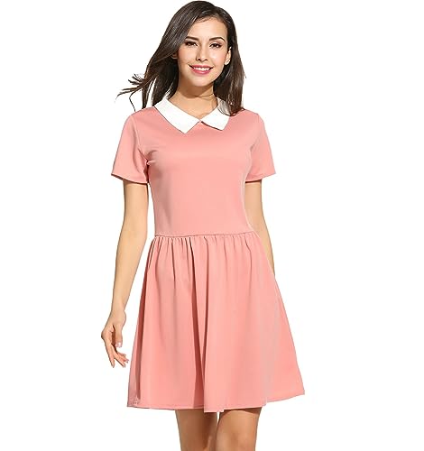 POGT Women's Cute Pink Short Sleeve Doll Collar Dress Halloween Short Dress(XL, Pink)