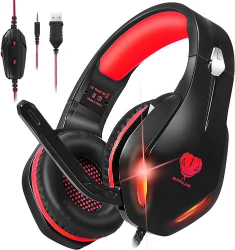 Stynice Butflake Gaming Headset - Crystal Clear Sound Wired Headset with Noise Canceling Mic and LED Light for PC PS4 Playstation 5 Xbox One Laptop - Lightweight Comfortable Gamer Headphones Red