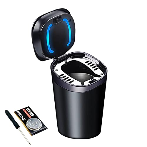 Car Ashtray with Lid Smell Proof, Smokeless Ashtray, Mini Car Trash Can, Detachable Stainless Steel Ash Tray with Lid and LED Blue Light