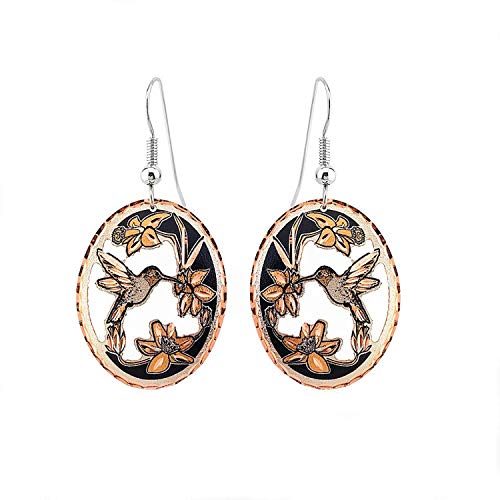 Artisan Copper Hummingbird Earrings for Women with Silver and Black Accents Round Shape Nature-Themed Cut-out Jewelry. Hummingbird Gifts, Wildlife Bird Jewelry