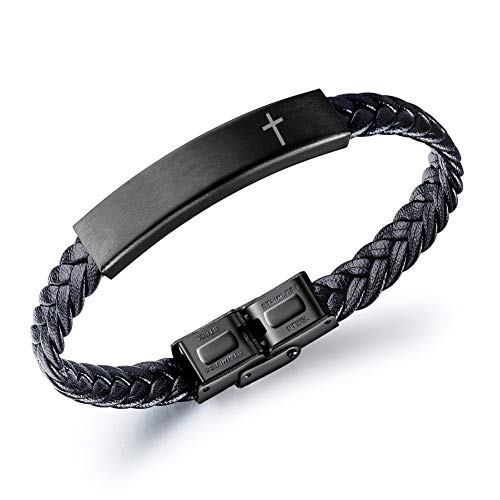 LiFashion LF Personalized Stainless Steel Handmade Leather Cross Bracelet Name Quote Scripture Customized Inspirational Christian Cross Cuff Bracelet Wristband for Men Boys for Baptism,Free Engraving