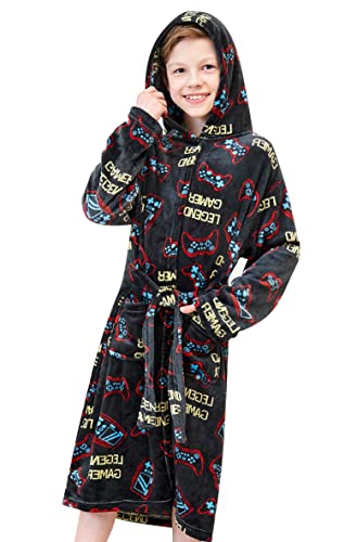 Doctor Unicorn Boys Soft Hooded Bathrobe Kids Warm Gamer Fleece Robe Sleepwear (Red Black Gamer - 10-11 Years)