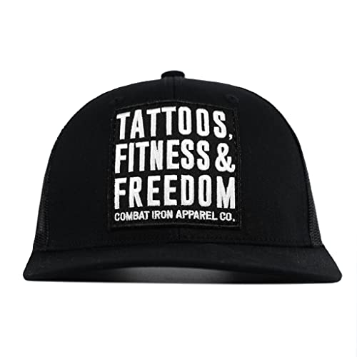 Combat Iron Tattoos, Fitness, and Freedom Mid-Profile Mesh Snapback Baseball Cap (Black/Black)