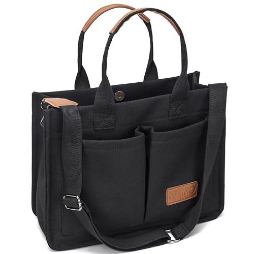 ZHMO Large Top Handles Canvas Tote Bag for Women With Pockets,Black Laptop Crossbody Purses Everyday Satchel Shoulder Hobo Work Bags Handbags for Gift Teacher Beach Travel Gym Book Weekend Nurse