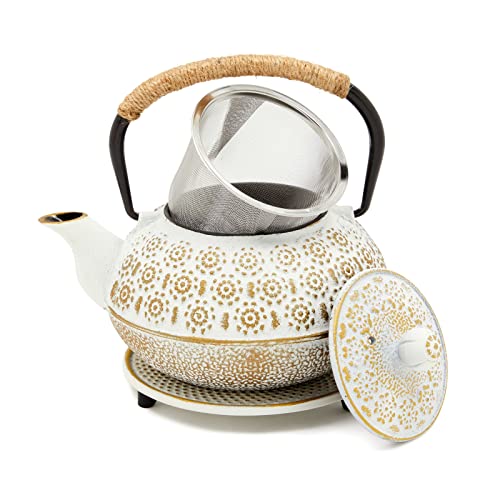 Juvale 3 Piece Set White Japanese Cast Iron Teapot - Loose Leaf Tetsubin with Handle, Stainless Steel Infuser, and Trivet (27 oz, 800 ml)