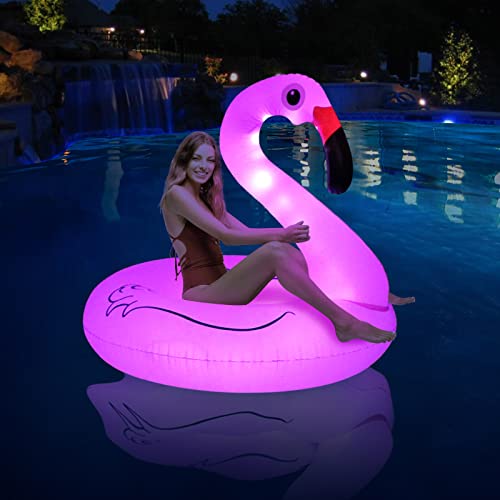 FlyfreeU Flamingo Inflatable Pool Floats with Lights, Solar Powered Flamingo Swim Tube Rings for Adults, 42'' Swimming Ring Lake and Beach Floaty Pool Float Raft Lounge for Summer Water Party Supplies