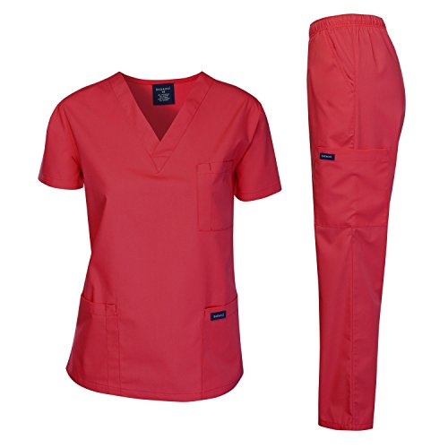 Dagacci Medical Uniform Woman and Man Scrub Set Unisex Medical Scrub Top and Pant, RED, XS