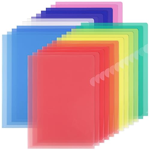 EOOUT 24 Pack Plastic File Folder, Clear Document Folders, Letter Size Project Pockets Poly Sleeve Folders, 12 Assorted Colors