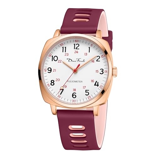 Diaofendi Waterproof Nurse Watch for Medical Professionals,Women Men, 24 Hour with Second Hand, Military Time Easy to Read Dial (Rose Gold-WineRed Pink)