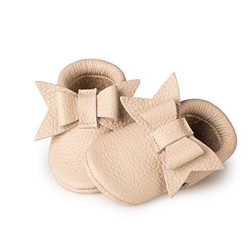 Littlebeemocs Bow Baby Moccasins (Italian Leather) Soft Sole Shoes for Girls | Infants, Babies, Toddlere (5, Beige)