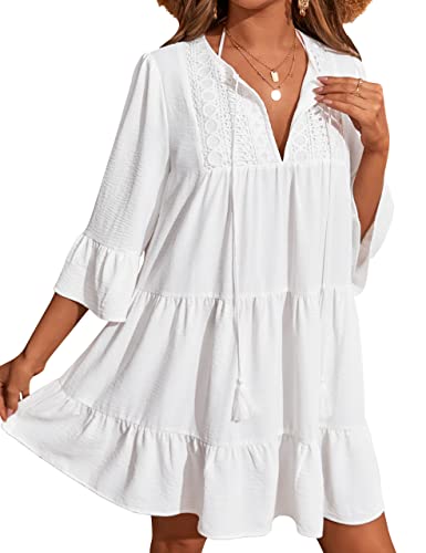 BMJL Women's Swimsuit Coverup Swim Beach Cover up Swimwear Lace Bathing Suit Cover ups Dresses(M,White)