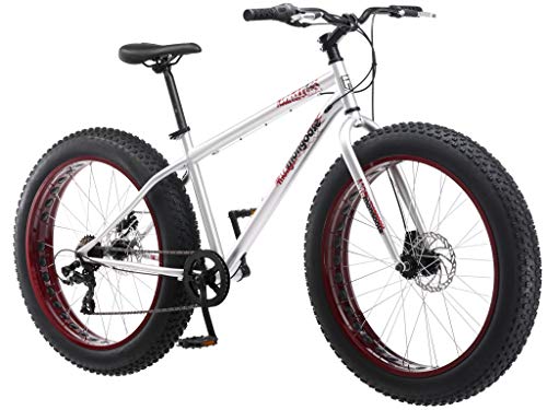 Mongoose Malus Mens and Womens Fat Tire Mountain Bike, 26-Inch Bicycle Wheels, 4-Inch Wide Knobby Tires, Steel Frame, 7 Speed Drivetrain Bicycle, Shimano Rear Derailleur, Disc Brakes, Silver/Yellow