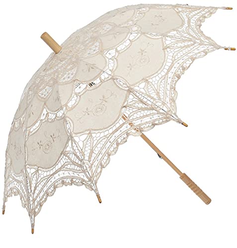 SQOIKOS Ivory Lace Parasol Umbrella Vintage Wedding Bridal Lace Umbrella for Decoration Photo Tea Party Adult Size
