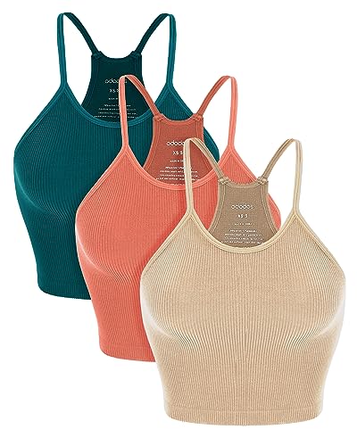 ODODOS Women's Crop Camisole 3-Pack Washed Seamless Rib-Knit Crop Tank Tops, Beige Coral Teal, X-Large/XX-Large