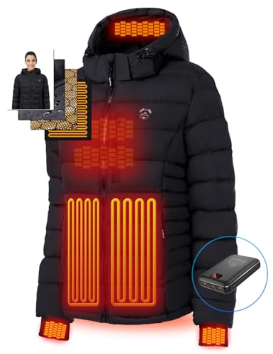 Women's Heated Puffer Jacket With 12V Battery Pack-Insulated Water-Resistant Hooded Hand-Heating Electric Heated Jacket