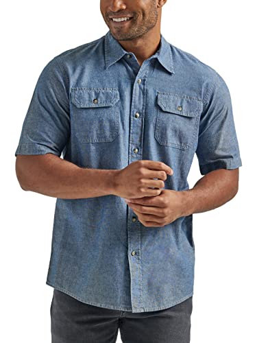 Wrangler Authentics mens Short Sleeve Classic Woven Button Down Shirt, Dark Chambray, Large US