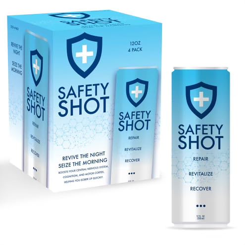 Safety Shot Hydration Drink for Post Party and Morning Recovery, Gluten Free, Electrolytes, Vitamin B Complex & Nootropics, Energy, Gut Health, Focus, Immune and Metabolic Support, 4 Pack, 12 fl oz