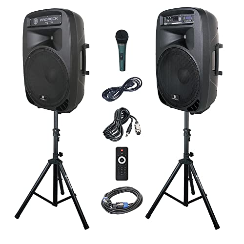 PRORECK Party 15 Portable 15-Inch 2000 Watt 2-Way Powered PA Speaker System Combo Set with Bluetooth/USB/SD Card Reader/FM Radio/Remote Control/LED Light