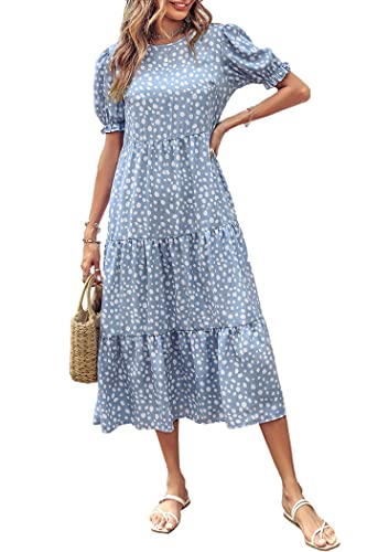 PRETTYGARDEN Women's Summer Casual Boho Dress Floral Print Ruffle Puff Sleeve High Waist Midi Beach Dresses (Blue,Large)