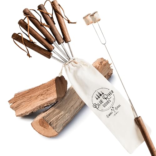 Blue River Goods Smores Sticks | Set of 6 Marshmallow Sticks for Fire Pit | Stainless Steel w/Walnut Handles | Smore Sticks for Marshmallow Roasting Sticks | Smore sticks for Fire Pit