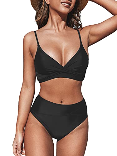 CUPSHE Women's Bikini Sets Two Piece Swimsuit High Waisted V Neck Twist Front Adjustable Spaghetti Straps Bathing Suit, M Black
