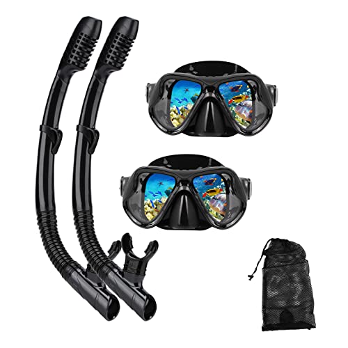 DIPUKI Snorkeling Gear for Adults Snorkel mask Set Scuba Diving mask Dry Snorkel Swimming Glasses Swim Dive mask Nose Cover Youth Free Diving (Black+Black（2 Pack）)