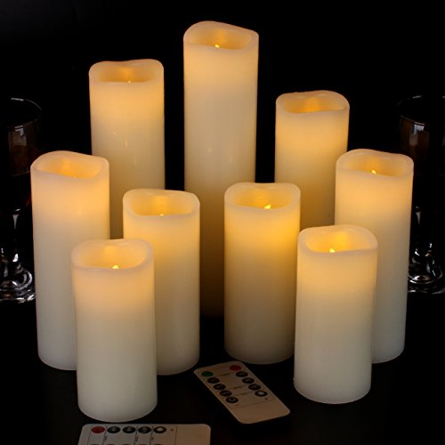 Vinkor Flameless Candles Battery Operated Candles 4' 5' 6' 7' 8' 9' Set of 9 Ivory Real Wax Pillar LED Candles with 10-Key Remote and Cycling 24 Hours Timer