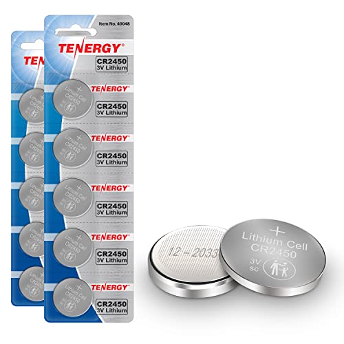 Tenergy CR2450 Battery, 3V Lithium Coin Cell Battery for Car Key Fob, Remote Controllers, Garage Door Openers, Calculators, Thermometers and More, 10 Count (Pack of 2)