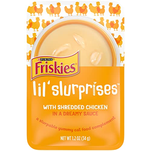 Purina Friskies Wet Cat Food Lickable Cat Treats, Lil’ Slurprises With Shredded Chicken in a Dreamy Sauce - (Pack of 16) 1.2 oz. Pouches