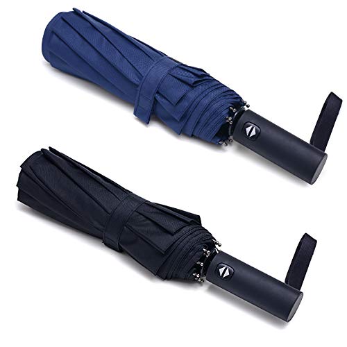 PFFY 2 Packs 10 RIBS Travel Umbrella Windproof Auto Open & Close Collapsible Folding Small Compact Backpack Car travel Essentials Purse Umbrellas for Rain Black+Blue