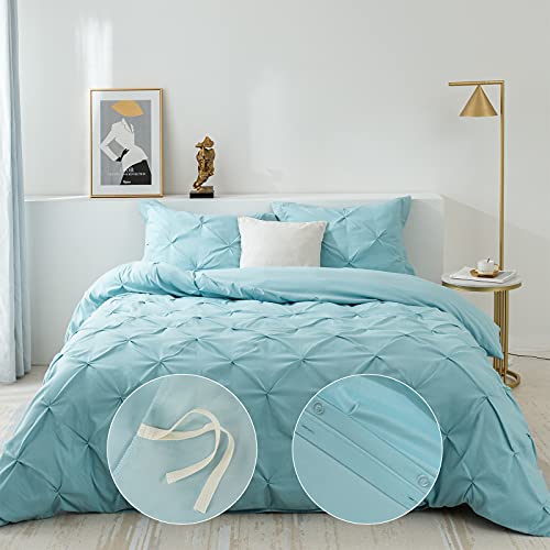 3 Pieces Bedding Duvet Cover Set, Pinch Pleated King Duvet Cover, Pintuck Comforter Quilt Cover with 2 Pillow Shams-King-104 X 90 inches-Light Blue