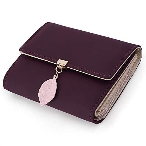UTO Small Wallet for Women PU Leather Leaf Pendant Card Holder Organizer Zipper Coin Purse Purple