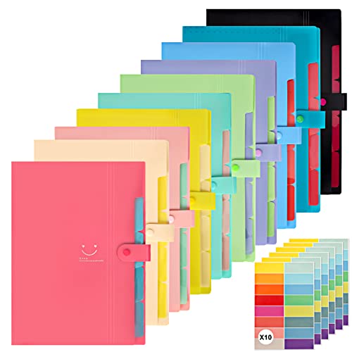 EOOUT 10pcs Expanding File Folders, A4 Letter Size Plastic Accordion Document Organizer with Snap Button, 160 Stickers in 16 Colors, for School and Office Supplies