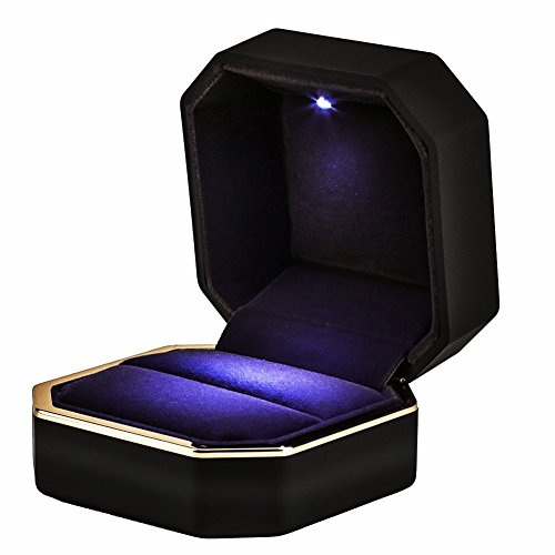 AVESON Luxury Ring Box, Square Velvet Wedding Ring Case Jewelry Gift Box with LED Light for Proposal Engagement Wedding, Black