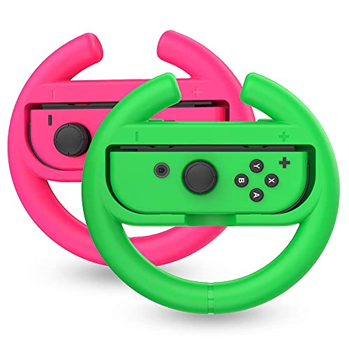 Talkworks Steering Wheel Controller for Nintendo Switch (2 Pack) - Racing Games Accessories Joy Con Controller Grip for Mario Kart, Pink/Neon Combo - Nintendo Switch