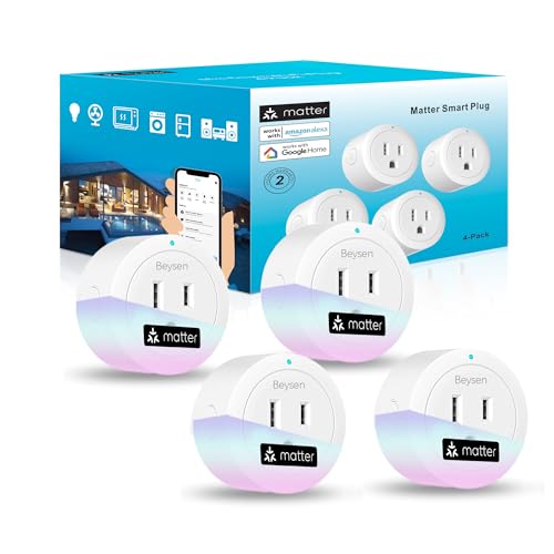Beysen Matter Smart Plug, Work with Alexa,Apple Home, Siri , Google Home, SmartThings, Smart Outlet 10A/1250W Max, Smart Home Automation with Remote Control,Timer&Schedule, 2.4G Wi-Fi Only, 4Pack