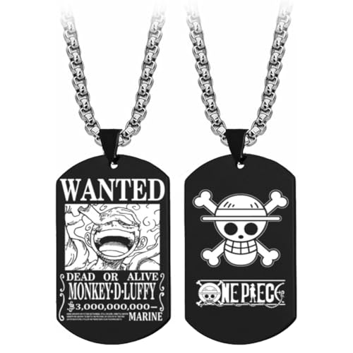 GSADWLI Anime One Piece Wanted Poster Pendant Necklace Titanium Steel Chain Manga Necklaces Dog Tag Jewelry Cosplay Fans Gift (Luffy)