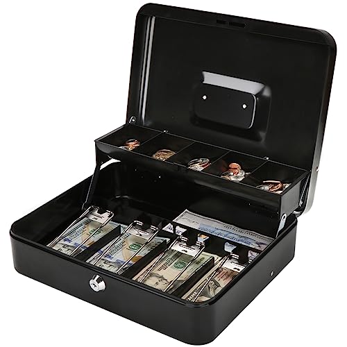 Jssmst Large Cash Box with Lock - 2017 New Metal Money Box 100% Safe, 11.8L x 9.5W x 3.5H Inches, Black, SM-CB0501L