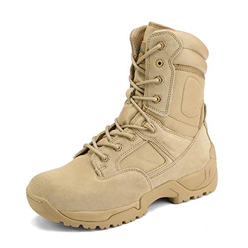 NORTIV 8 Mens Military Tactical Work Boots Hiking Side Zip 8 Inches Leather Outdoor Motorcycle Combat Boots Sand 12 Wide RESPONSE-W