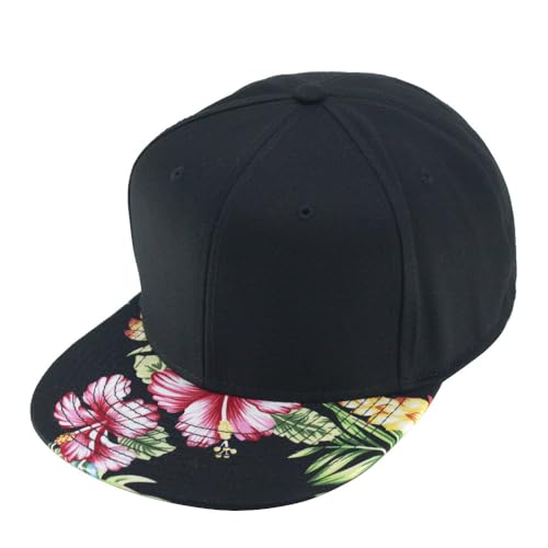 Premium Floral Hawaiian Cotton Twill Adjustable Snapback Hats Baseball Caps (Hawaiian/Black/Black Flat)