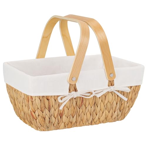 StorageWorks Wicker Picnic Baskets for 2, Picnic Basket with Liner and Wooden Handle, Hand-Woven with Natural Water Hyacinth, Gifts Basket,1 Pack