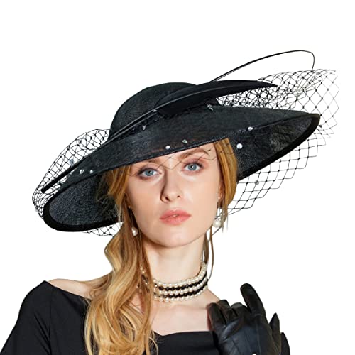 RETRONLY British Sinamay Fascinators Hats - Large Brim Kentucky Derby Church Hat with Rhinestones Veil for Women Classic Black