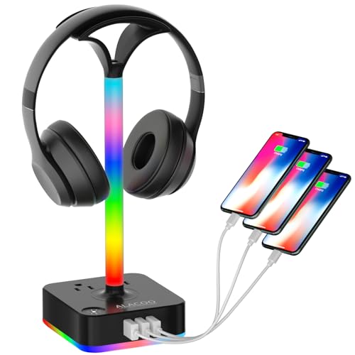 RGB Headphone Stand with 3USB Charging Port and 2 Prong AC Outlet Power Strips, Desk Gaming Headset Holder Hanger with 8 Light Modes Non-Slip Rubber Base for Table PC Gaming All Earphone Accessories