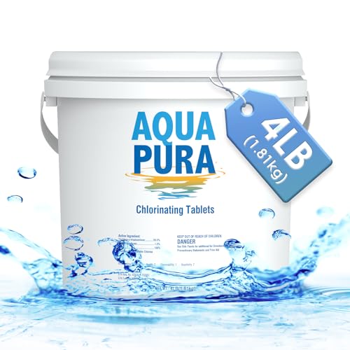 Aqua Pura Chlorine Tablets for Swimming Pool,3' Pool Supplies, Individually Wrapped Stabilized Chlorine Tablets, Long-Lasting, Slow Dissolve,Kill Bacteria,UV Protected,90% Available Chlorine,4 LB